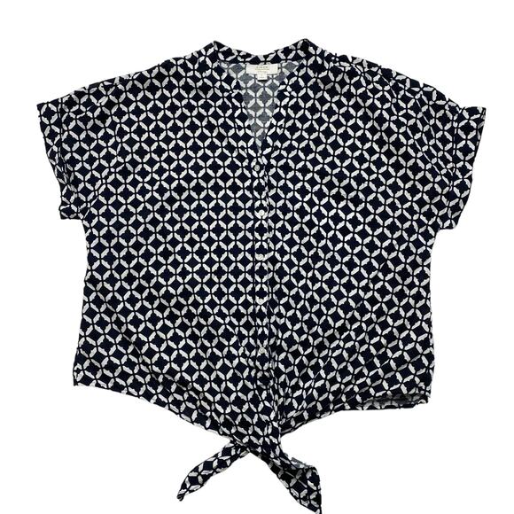 CHARTER CLUB Linen Blue White Geometric Print Blouse Large Tie Front Button Up - Picture 4 of 9